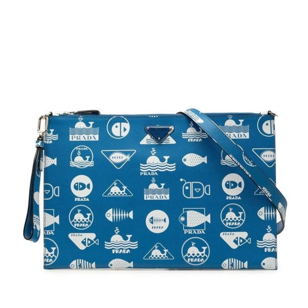 Prada Brick Saffiano Leather Shoulder Bag Blue
